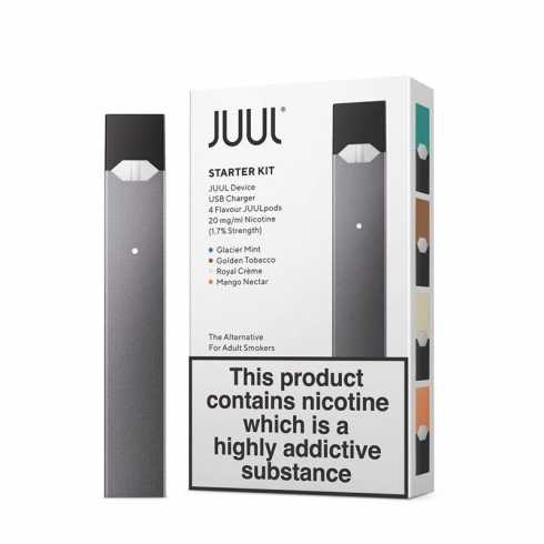Juul Starter Kit UK Edition gri cihaz ve 4 aromalı pod içerir.