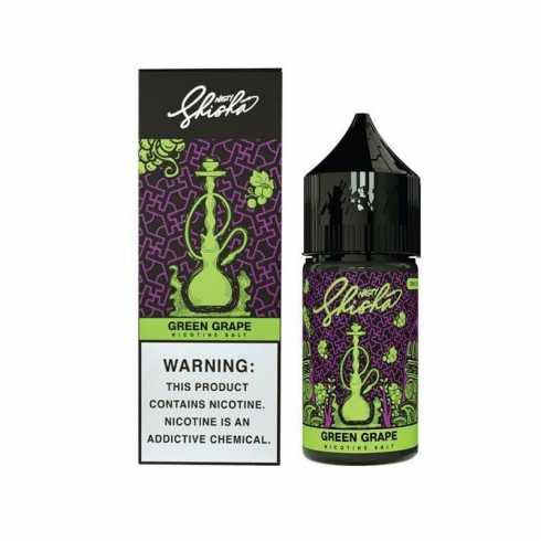 Nasty Shisha Green Grape Salt Likit kutusu ve şişesi, mor-yeşil.