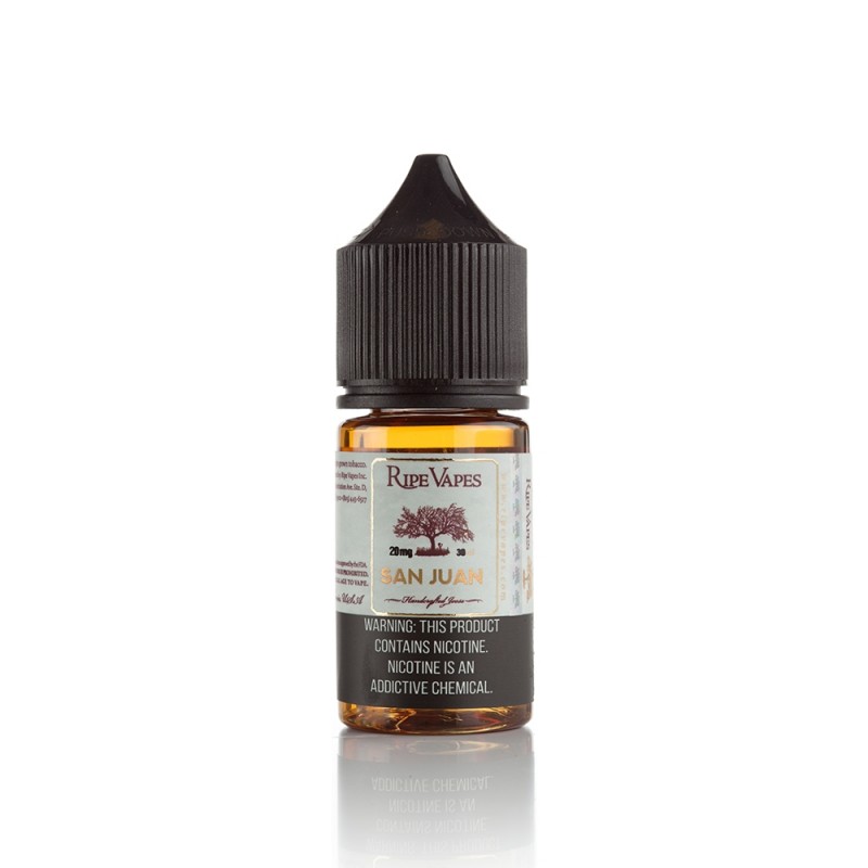 Ripe Vapes San Juan Salt Likit 30ml, 20mg nikotin içerikli e-likit şişesi.