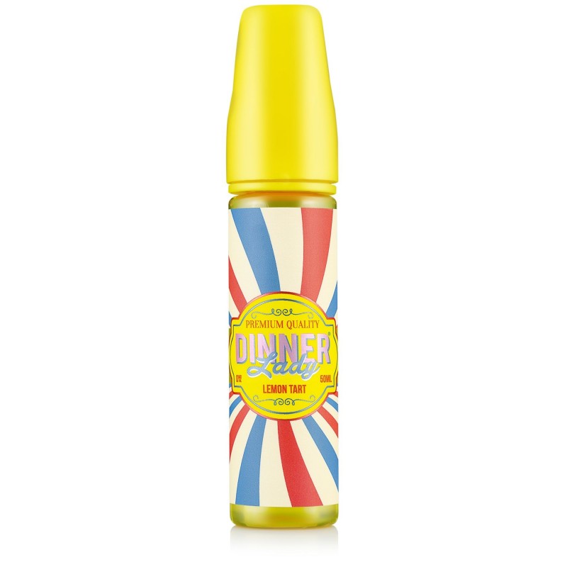 Dinner Lady Lemon Tart likit 50ml, sarı kapaklı, kırmızı/mavi çizgili şişe.