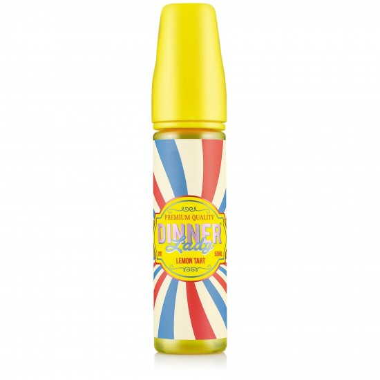 Dinner Lady Lemon Tart likit 50ml, sarı kapaklı, kırmızı/mavi çizgili şişe.