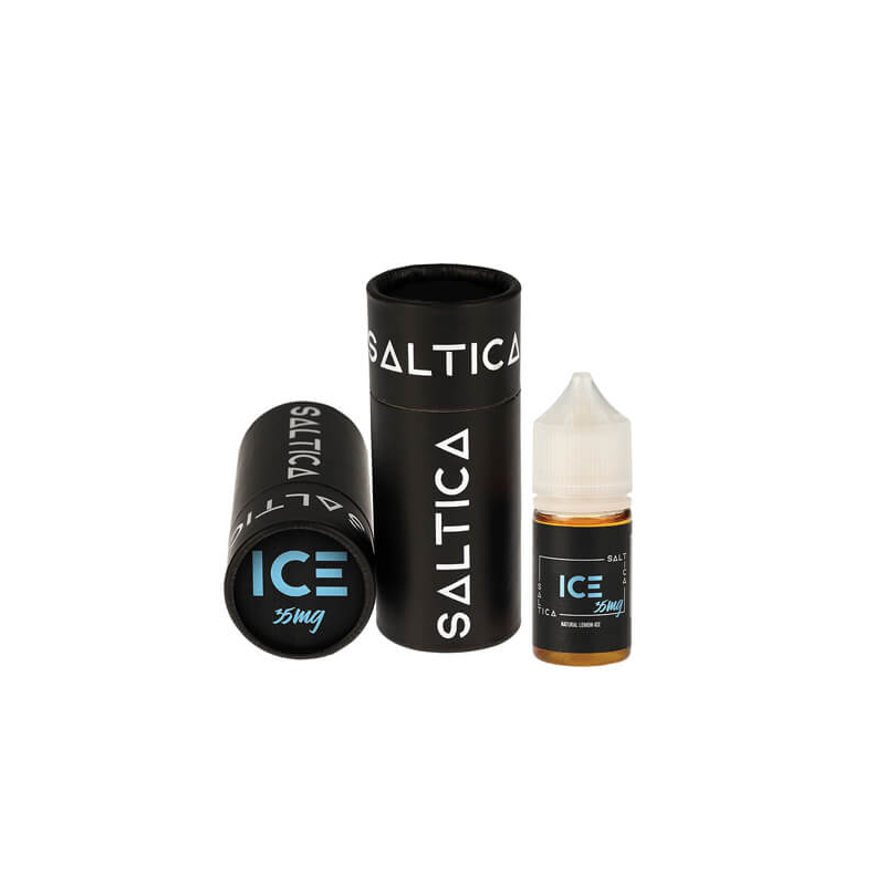 Saltica Ice Salt Likit 35mg, siyah kutu ve şişe ambalajı.
