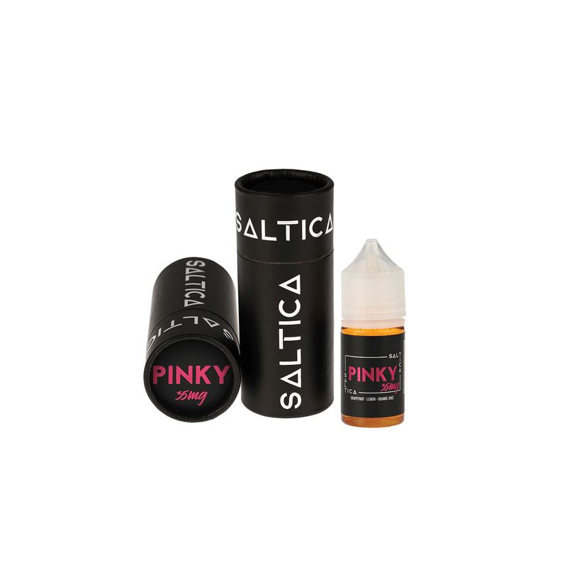 Saltica Pinky 35mg Salt Likit şişesi ve siyah ambalaj kutusu.