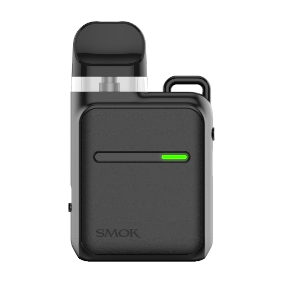 Smok Novo Master Box Pod Mod Siyah, yeşil ışıklı pil göstergeli kompakt cihaz.