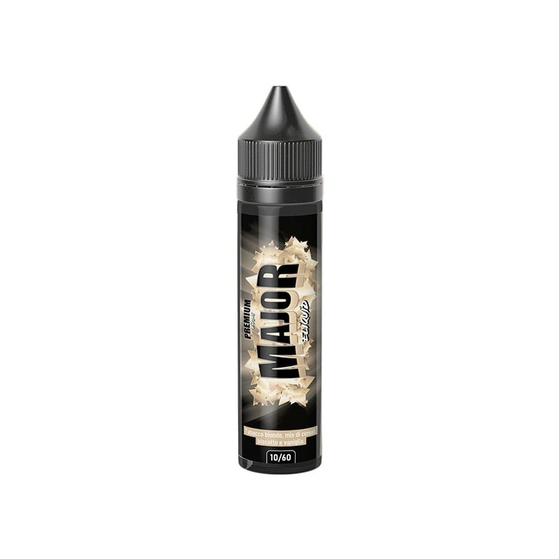 E-liquid France Major Premium likit, siyah şişe, tütün ve vanilya aromalı.