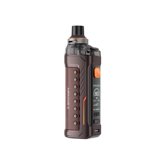 Vaporesso Armour G Kit kahverengi deri detaylı elektronik sigara cihazı.