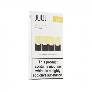 Juul Royal Creme 18mg nikotinli 4'lü kapsül paketi beyaz kutu.